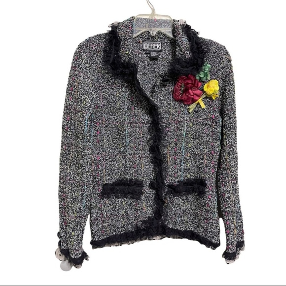 BEREK Funky Lux Art To Wear Woven Tweed Floral Pin Sweater Jacket Blazer Small